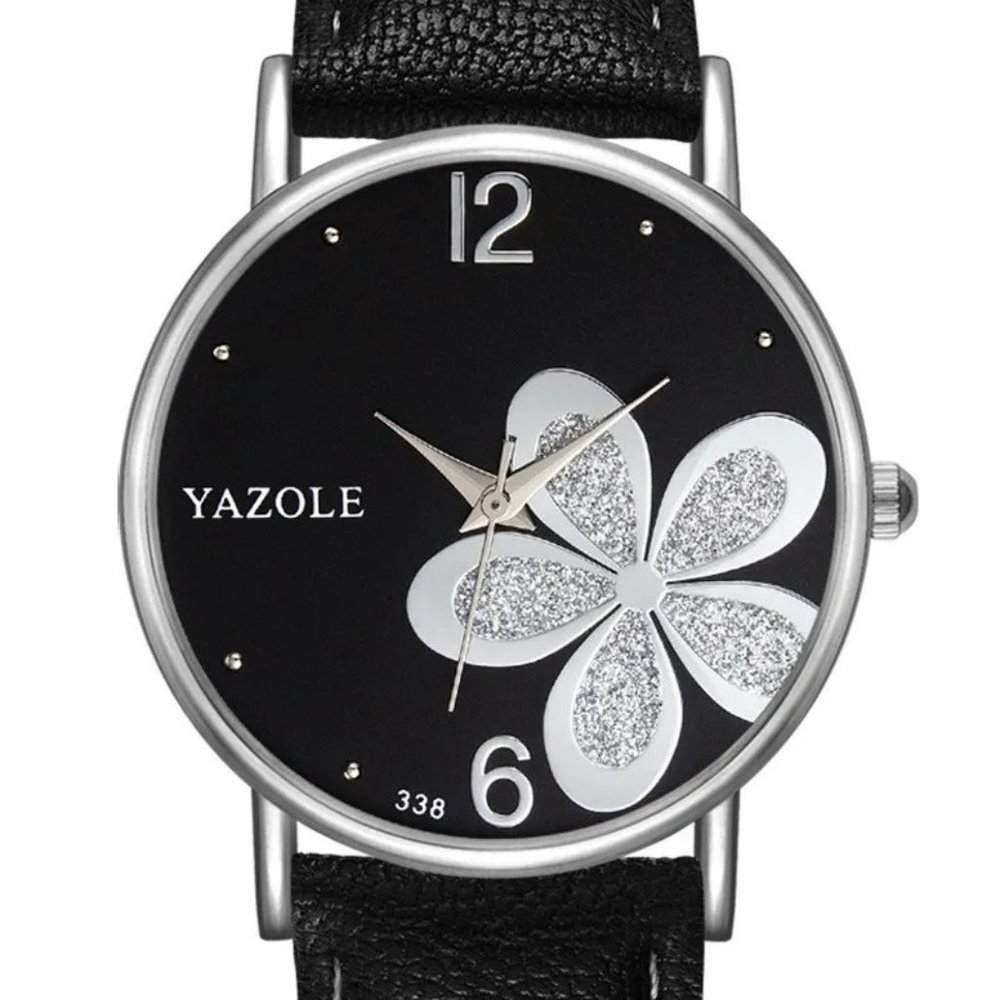 Classic Casual Black Quartz Leather Strap Watch Rhinestone Flower Crystals